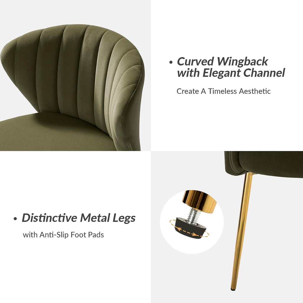 HULALA HOME Velvet Dining Chairs, Modern Small Armless Accent Chair with Gold Metal Legs, Living Room Upholstered Cute Side Chair, Elegant Tufted Back Vanity Chair for Bedroom, Moss
