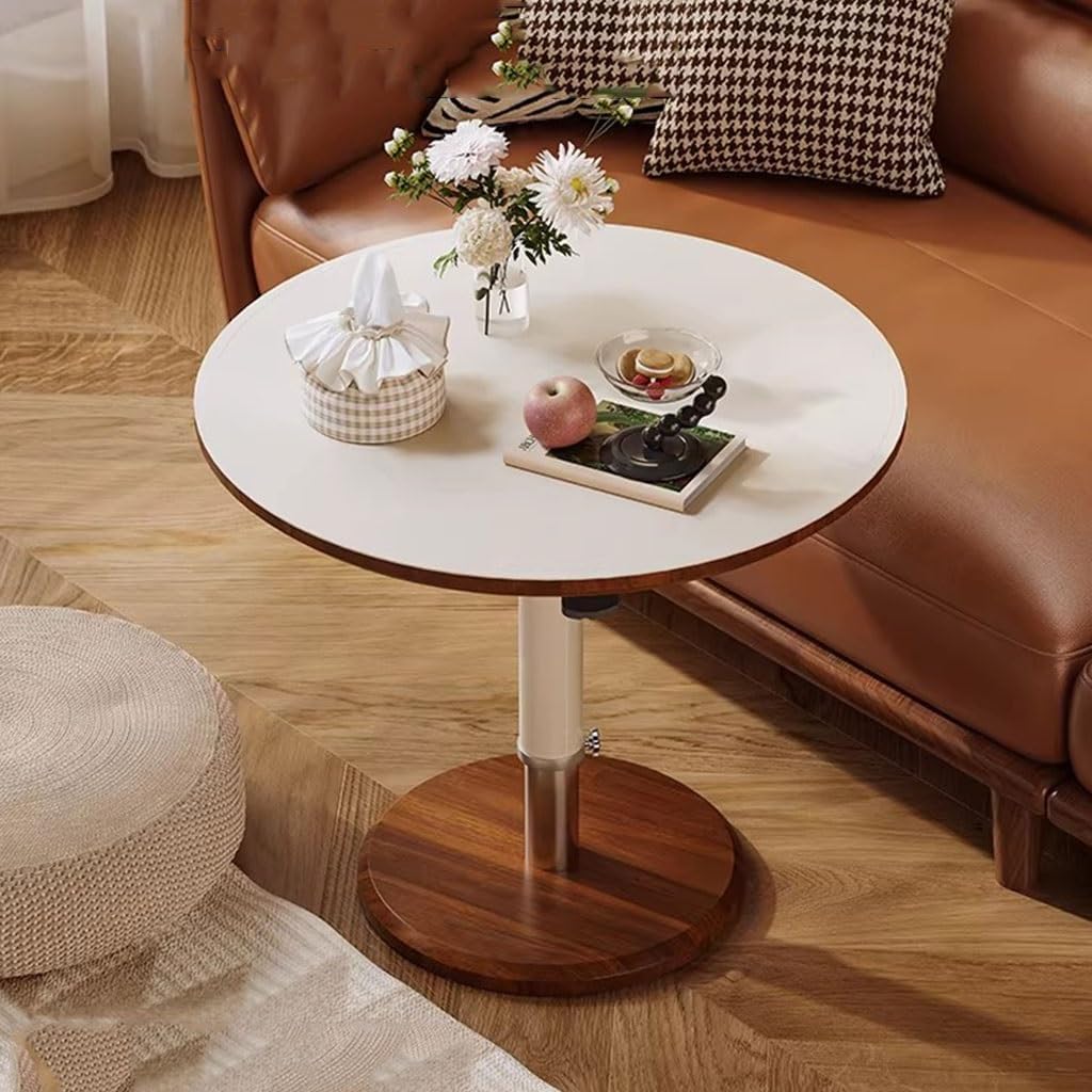 YCKEGEW TV Tray Side Table for Couch,360° Swivel Adjustable Height End Table Laptop Desk Round Snack Table for Sofa, Bed or Chair, Accent Pedestal Table(White Leather)