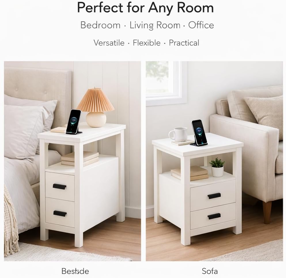 End Table with Charging Station, Nightstand with USB Ports & Outlets, Wood Side Table with 2 Drawers & Storage Shelf for Bedroom,Walnut (White)