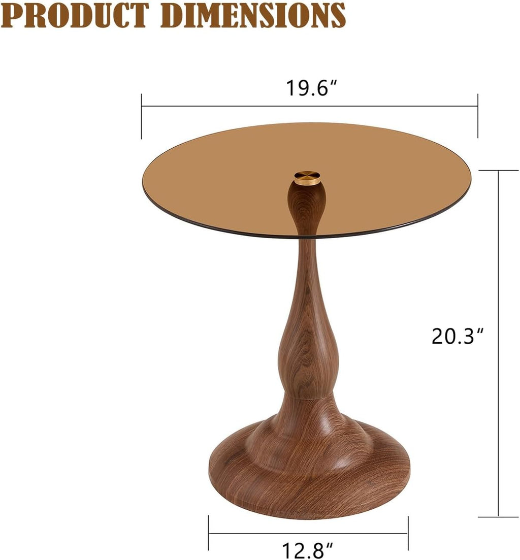 Round Side Table,Round Coffee Table, Small End Tables with Round Metal Frame,Tempered Glass Side Table,19.6 Inch Vintage Accent Table for Sofa, Bedside, Living Room, Bedroom, Patio(Brown)