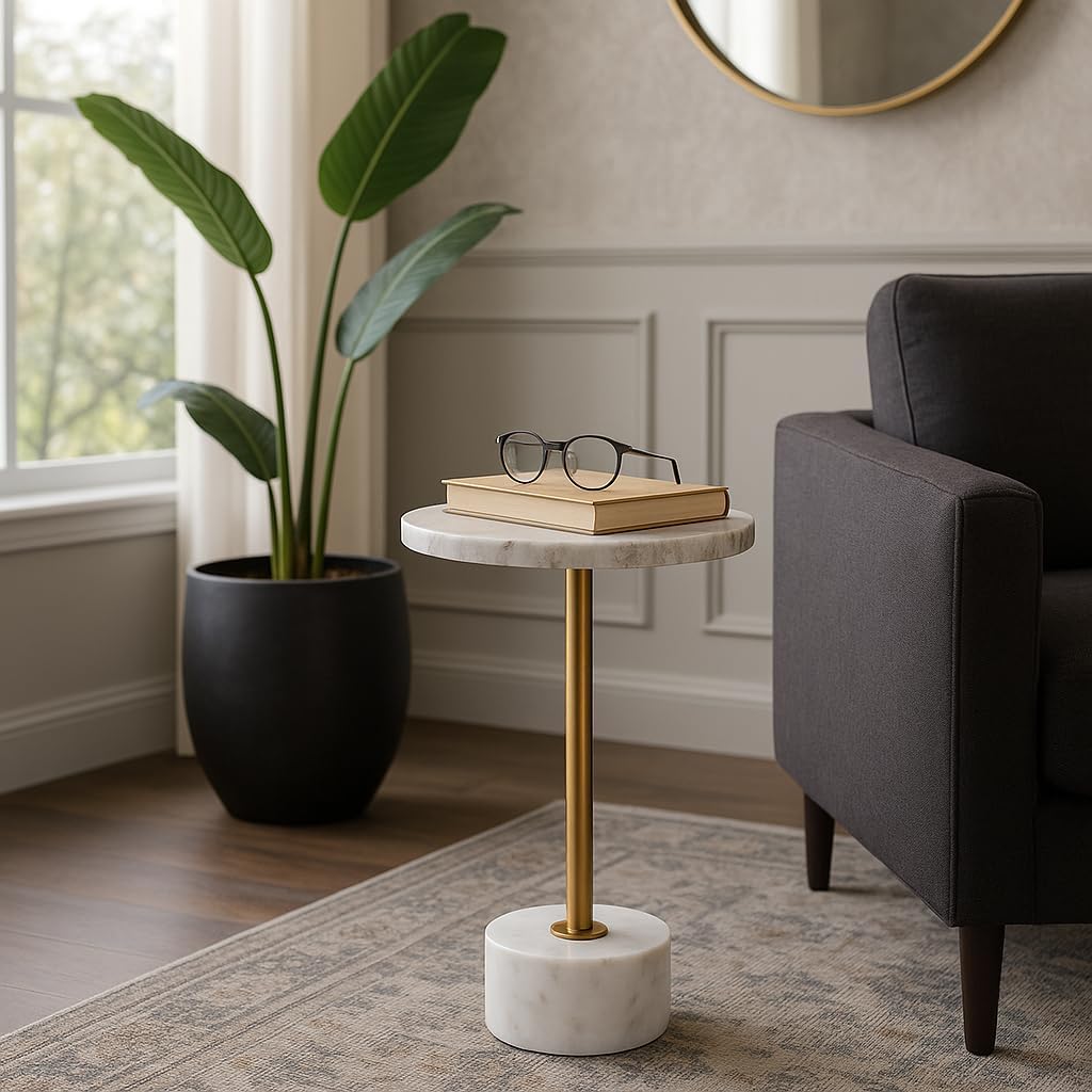 Home Decor End Table, Side Table, or Night Stand - Tall Marble Accent Table with Metal Support Perfect for Small Spaces - A Modern Classic for Office, Bedroom, or Living Room Decor - 24" White & Gold