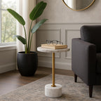 Home Decor End Table, Side Table, or Night Stand - Tall Marble Accent Table with Metal Support Perfect for Small Spaces - A Modern Classic for Office, Bedroom, or Living Room Decor - 24" White & Gold