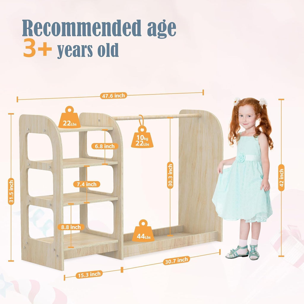 Kids Dress Up Storage with Mirror, Wooden Kids Dress Up Rack for Little Girls and Boys, Kid Wardrobe Closet with Storage Shelf