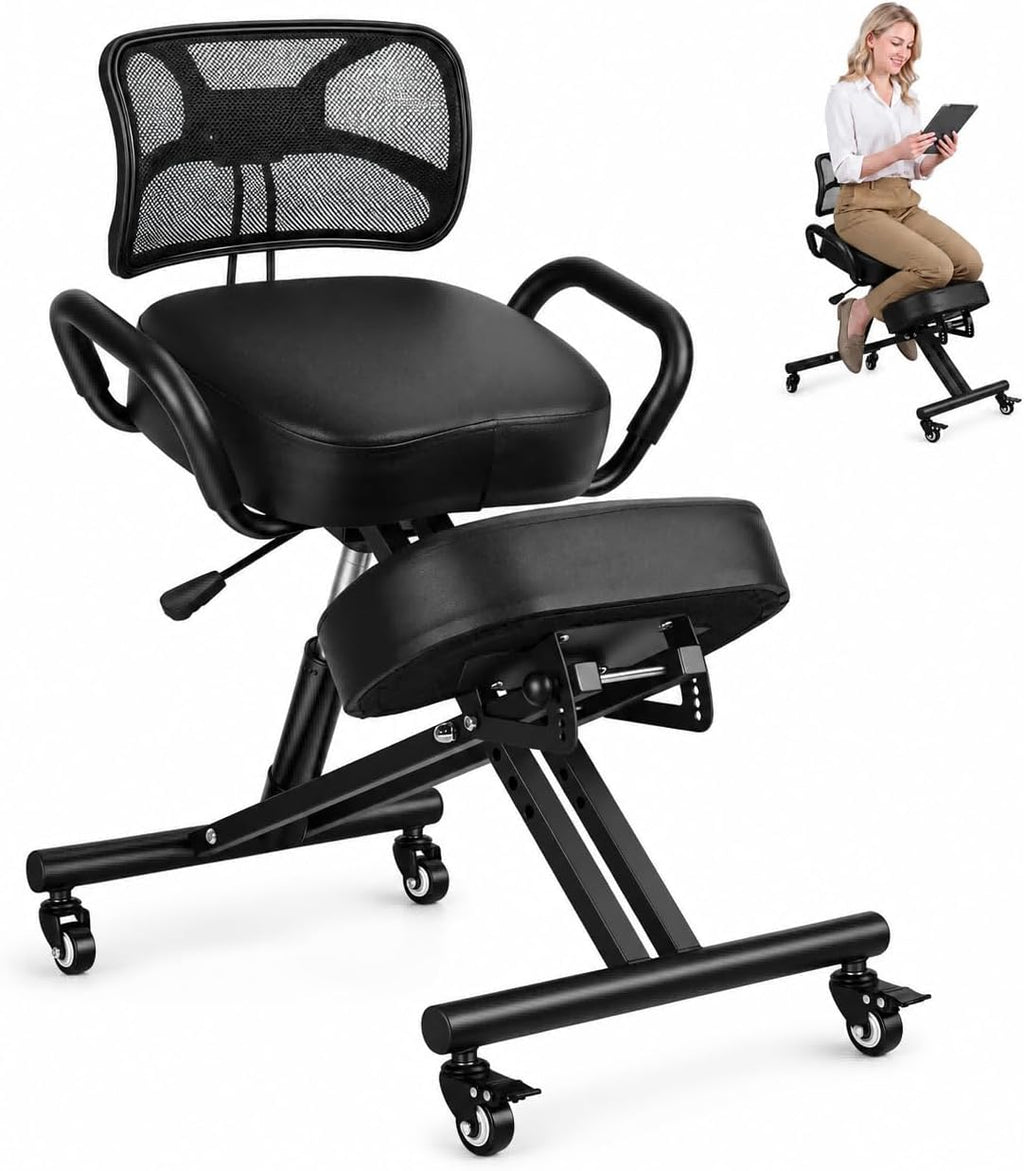 Ergonomic Kneeling Chair with Back Support, Height Adjustable Kneeling Office Chair with Wheels, Posture Correction Desk Chair for Home Office, Study, Computer Work, Supports Up to 220 lbs