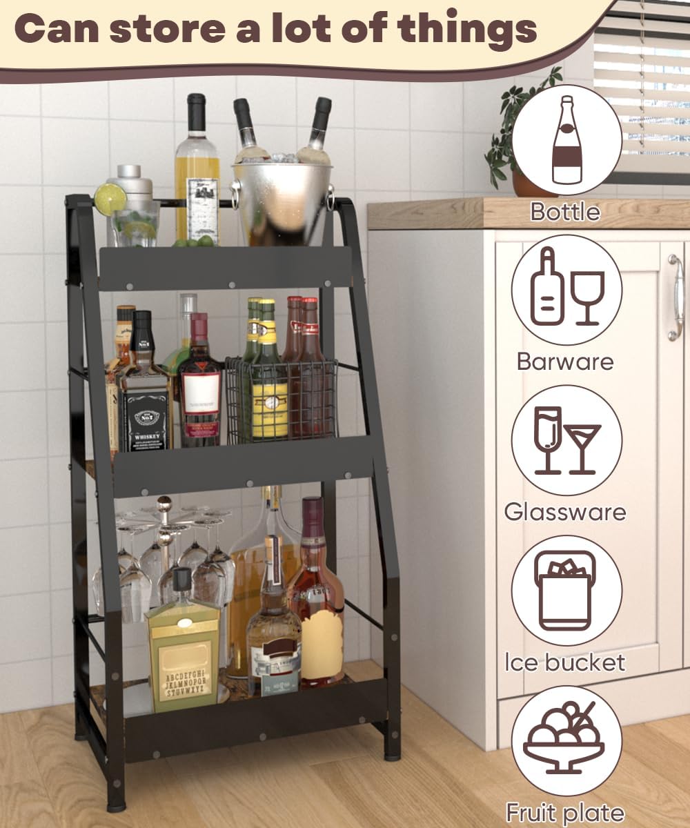 3-Tier Liquor Stand for Home Bar, Trapezoid Freestanding Whisky Bottle Holder with Fences, Stepped Versatile Liquor Bottle Display Shelf, Corner Floor Bar Stand for Liquor Storage, Black