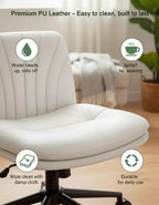 Marsail Armless-Office Desk Chair with Wheels: PU Leather Cross Legged Wide Chair,Comfortable Adjustable Swivel Task Chairs for Home,Office,Make Up,Small Space,Bed Room(Light Beige)