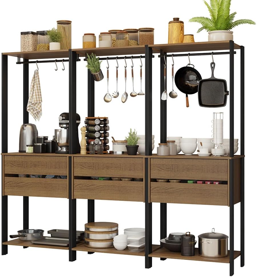 Madesa Kitchen Pantry Storage Rack with 6 Drawers and Hanging Spaces 82" L Multiuse Modular Cabinet for Kitchen Organization (Black/Brown)