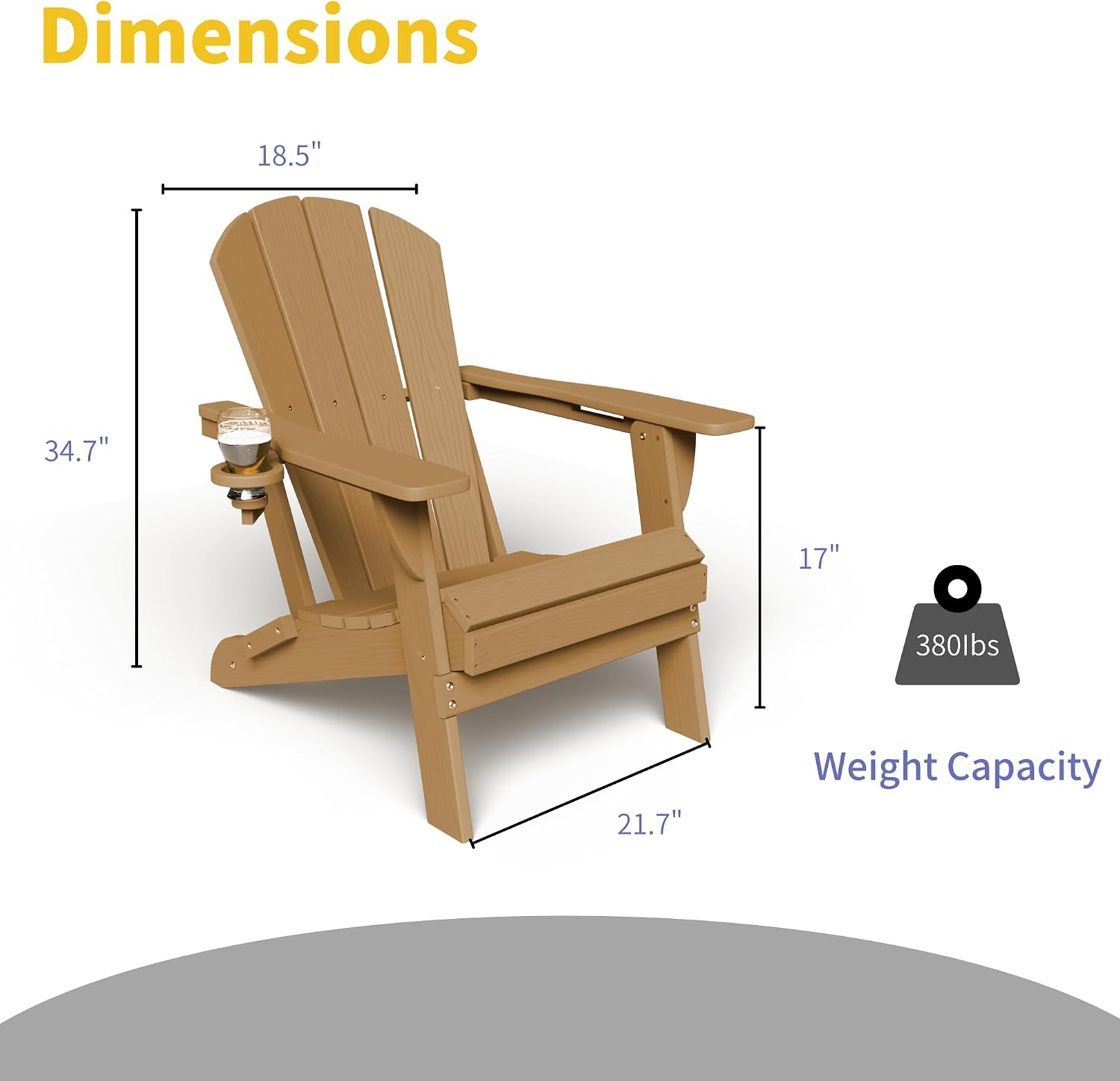 Kingdura Foldable Adirondack Chair, Portable HDPE All Weather Resistant Outdoor Patio Chairs, Wooden Textured with Cup Holder, 380LBS Capacity for Poolside, Backyard, Deck, Fire Pit (Brown)