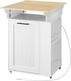HOOBRO Kitchen Island with Trash Can Storage, Rolling Kitchen Island with Drop Leaf Countertop, Island Table with Power Outlet & Spice Rack, for 10 Gallon Garbage Bin, White and Natural WN33UZD01