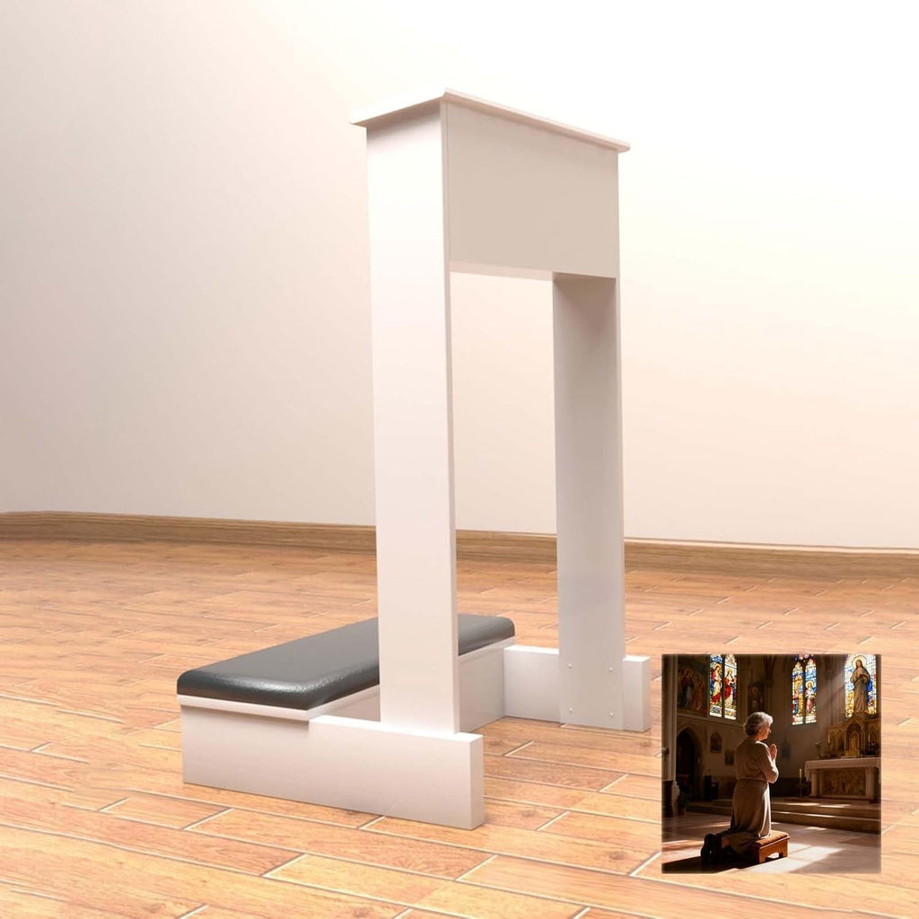 Church Prayer Bench Kneeler Wooden Prayer Kneeler with Book Shelf Prayer Table at Home with Cushion Pad Meditation Stool Kneeling Stool for Church Family(White)