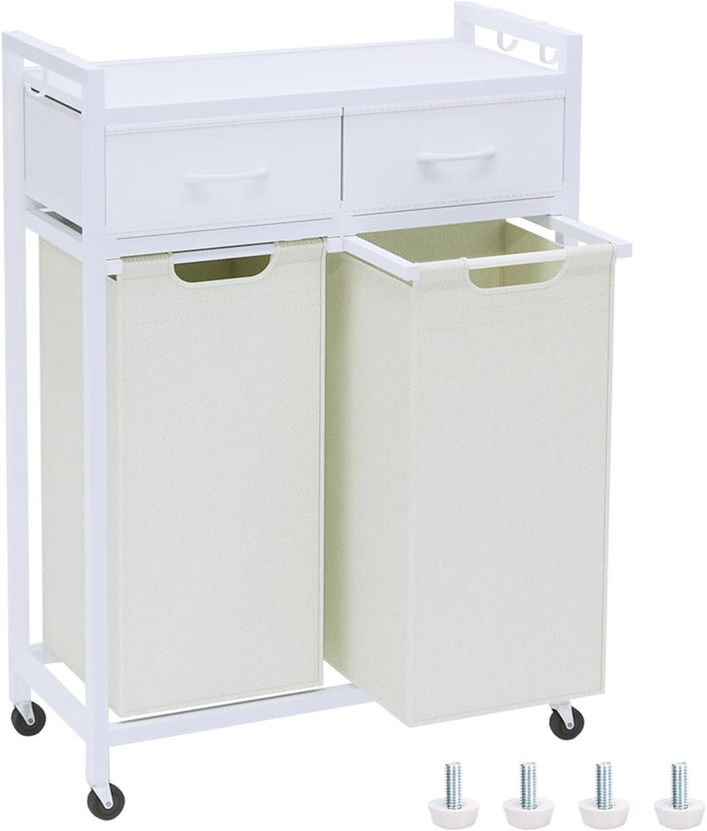 Timberer Laundry Hamper, Laundry Sorter 2 Section, Rolling Laundry Basket with Wheels, 2 Drawers, 2 × 14.5 Gal (55 L), Pull-Out and Removable Oxford Fabric Bags, White and Beige