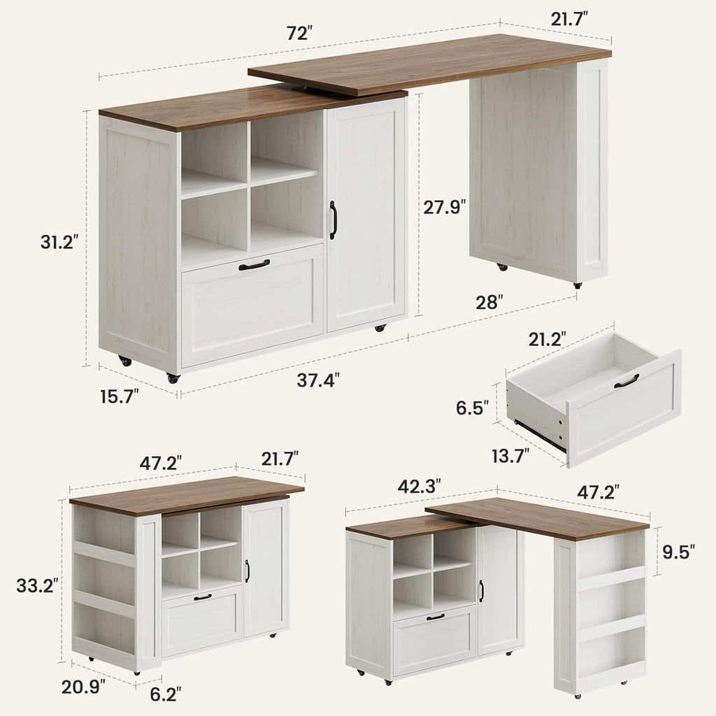 72" Rolling Kitchen Island with 360° Swivel Table & Power Outlet, Farmhouse Mobile Island Table with Storage Cabinet on Wheels, Wood Island Cart with Spice Rack for Kitchen,Dining Room,White