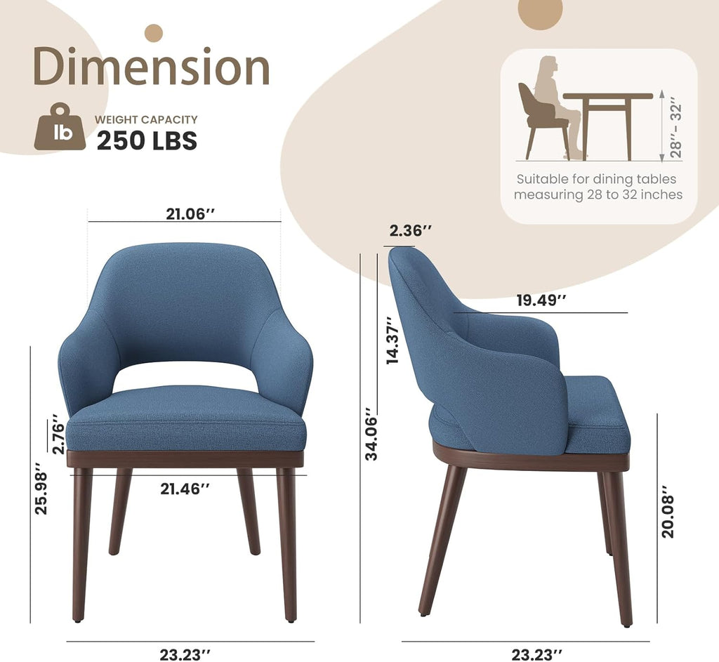 MALOL Wooden Dining Chairs Set of 2, Modern Fabric Upholstered Dining Room Chair, Kitchen Side Chairs, Farmhouse Dinner Chair with Open Back for Kitchen, Blue