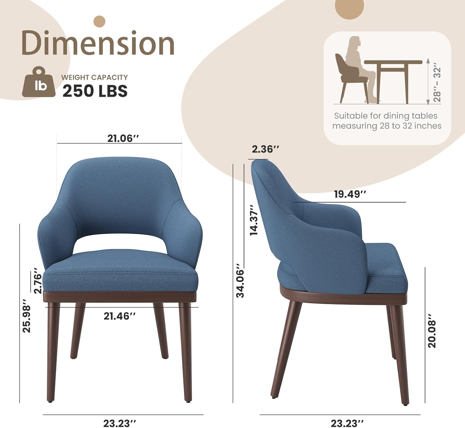 MALOL Wooden Dining Chairs Set of 2, Modern Fabric Upholstered Dining Room Chair, Kitchen Side Chairs, Farmhouse Dinner Chair with Open Back for Kitchen, Blue