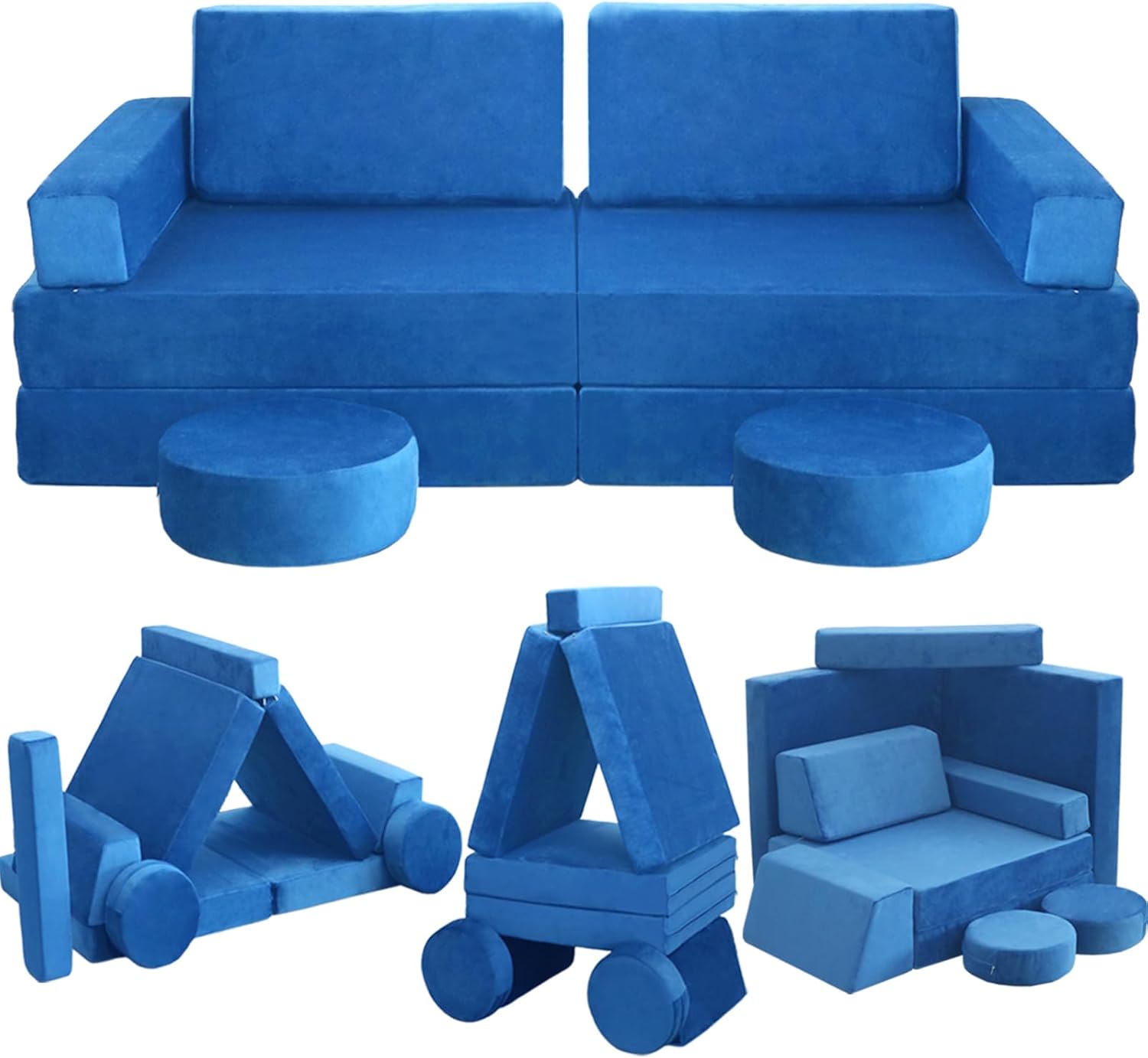 Modular Kids Play Couch, Kids Sectional Couch Sofa, Bedroom and Playroom Convertible Foam for Toddlers, Floor Cushion for Imaginative Boys and Girls (Dark Blue-Suede)