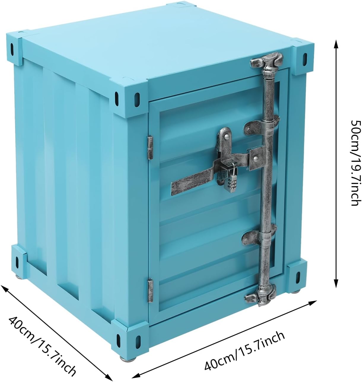 Industrial Wind Bedside Table, Container Style Locker Wrought, Iron Container Side Table with Metal Combination Lock for Bedroom, Living Room, Bar, Office (Blue)