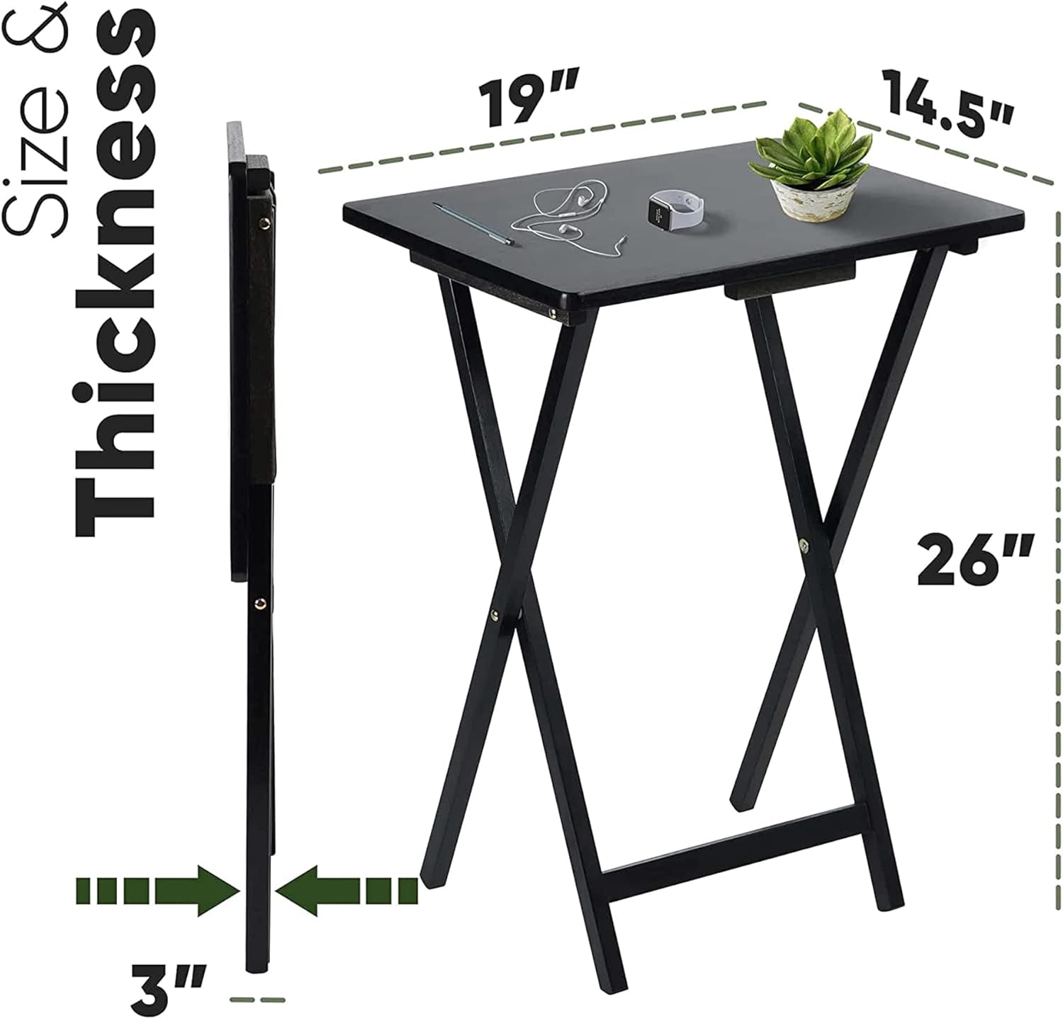 PJ Wood 2-Pack Folding TV Tray Set, Black - Collapsible Portable Snack Serving Tables, Home Furniture for Living Room, Bedroom, and Kitchen