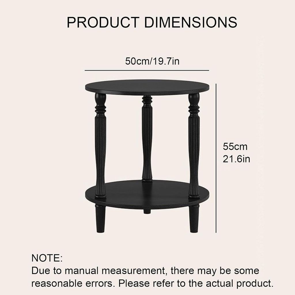 Round Side Table with Roman Column Legs, 2 Tier Sofa End Table with Storage,Accent Solid Wood End Tables,Small Circle Corner Tables for Living Room, Bedroom,50cm