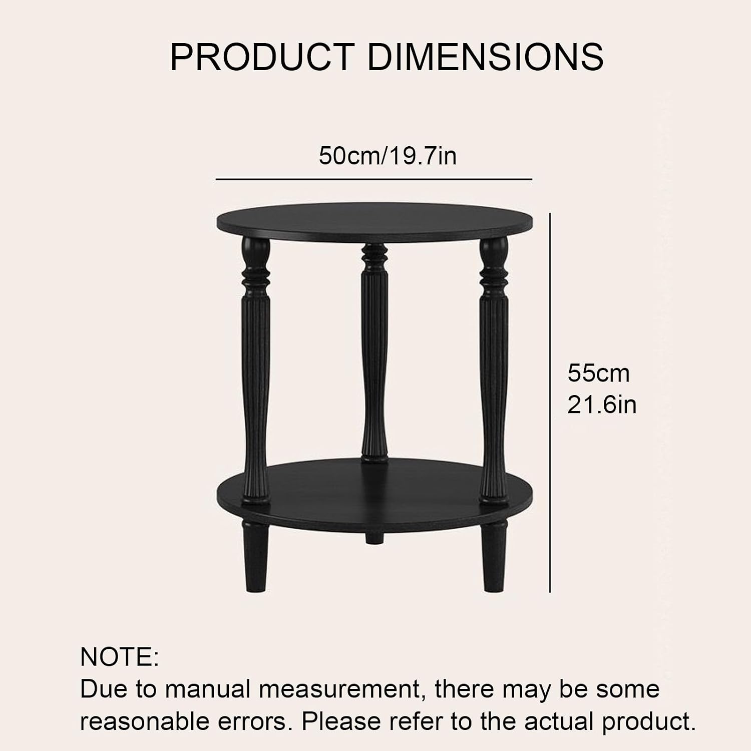 Round Side Table with Roman Column Legs, 2 Tier Sofa End Table with Storage,Accent Solid Wood End Tables,Small Circle Corner Tables for Living Room, Bedroom,50cm