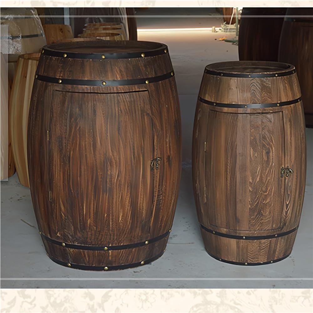 Wood Whiskey Barrel Tables, Barrels Side Table with Door, Bar Decorative Wine Cabinet with Shelf for Home, Wine Cellars and Bar(23.62 * 15.35in)