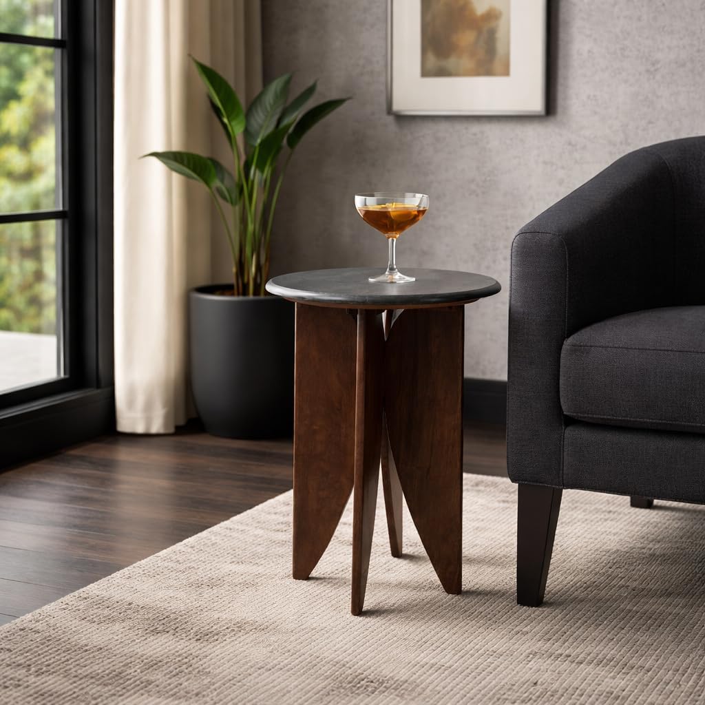 Mango Wood Base and Stone Top for Small Spaces - Round End and Side Table for Living Room, Room and Bedroom Decor - Decorative Night Stand or Bedside Drink Table Accent - 24", Black & Brown