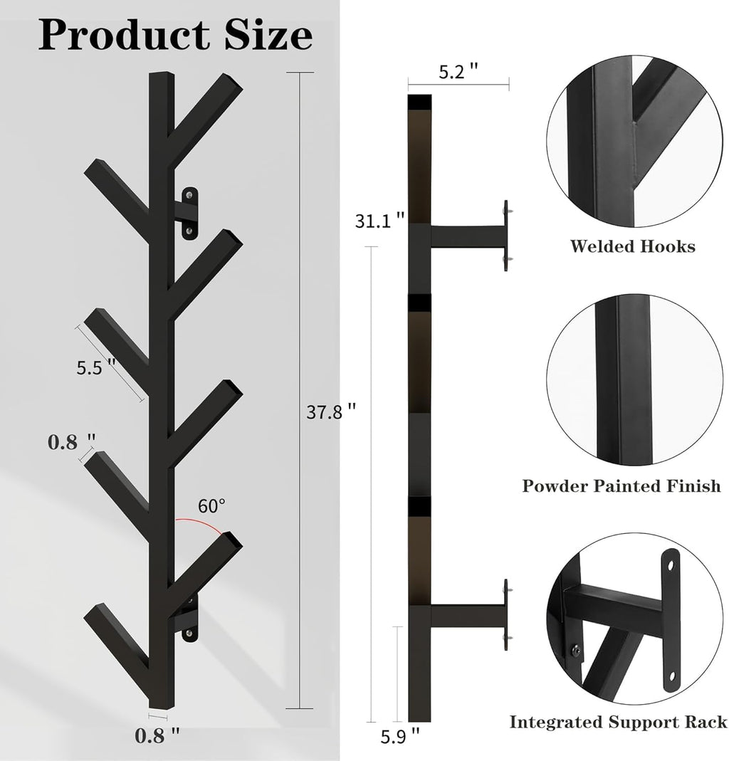 Prywot Coat Rack Wall Mounted - 9 Hooks, Coat Hooks for wall, Modern Metal Coat Tree for Hats, Jackets, Bags, Entryway Bedroom-Black (Height 37.8")