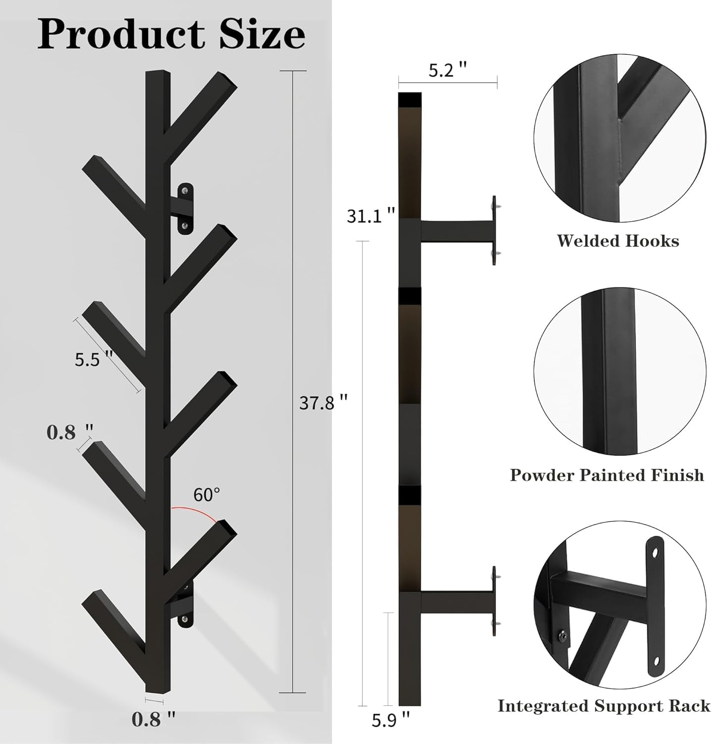 Prywot Coat Rack Wall Mounted - 9 Hooks, Coat Hooks for wall, Modern Metal Coat Tree for Hats, Jackets, Bags, Entryway Bedroom-Black (Height 37.8")