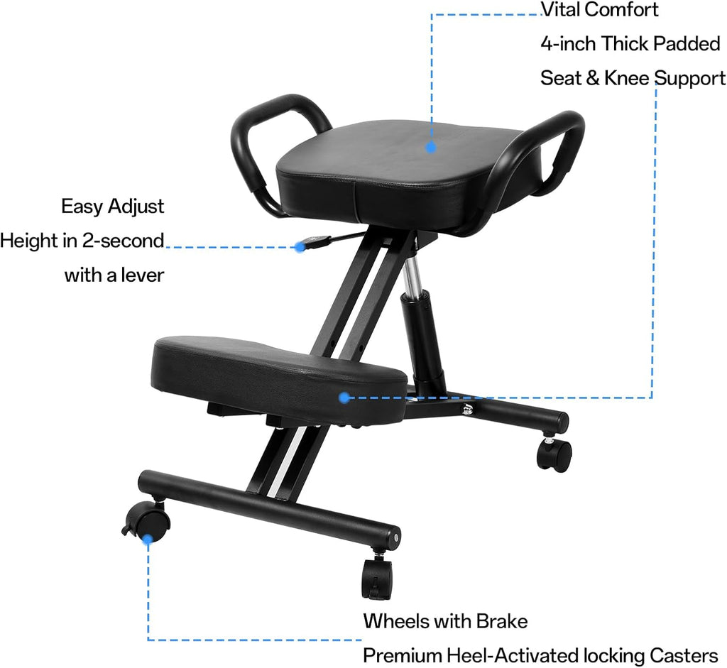 Ergonomic Kneeling Chair Without Backrest, Ergonomic Kneeling Tool with Brake and Smooth Gliding Casters, Adjustable Stool for Home and Office, Extra Comfort Cushion, Angled Design