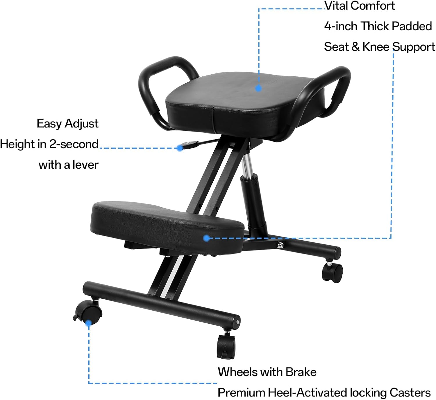 Ergonomic Kneeling Chair Without Backrest, Ergonomic Kneeling Tool with Brake and Smooth Gliding Casters, Adjustable Stool for Home and Office, Extra Comfort Cushion, Angled Design