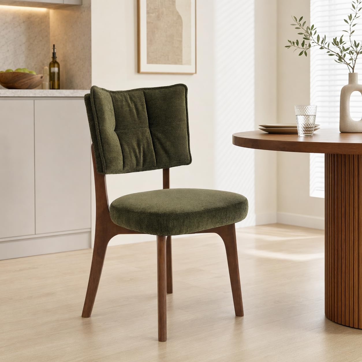 YOUNIKE Wood Frame Green Dining Chair, Chenille Fabric, Single Pack | Modern Ergonomic Upholstered Kitchen & Dining Room Chairs, Double-Layer Backrest, Comfy Soft Cushion, Easy to Assembly