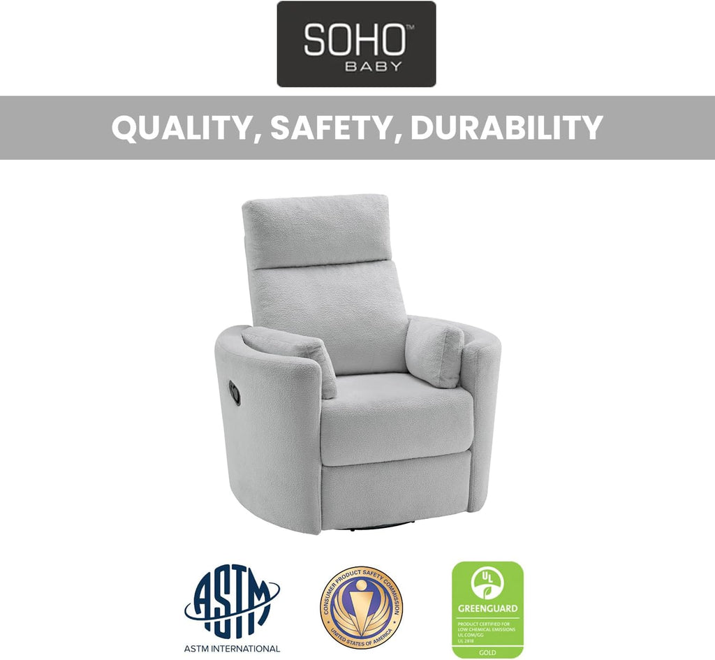 Soho Baby Nottingham Upholstered Glider Recliner Rocking Chair 360° Swivel for Nursery and Living Roomr, Plush Gray