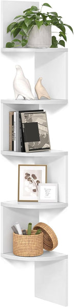 VASAGLE Corner Shelf Wall Mount, 5-Tier Floating Corner Bookshelf, Plant Shelf for Bedroom, Living Room, Bathroom, Home Office, Cloud White