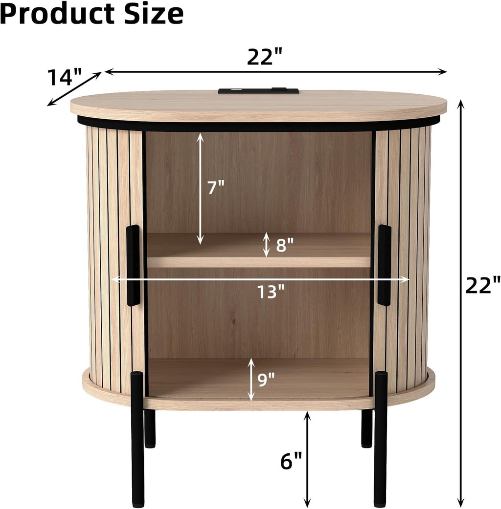 CANMOV Mid Century Modern Side Table,Oval Nightstand with Charging Station & Storage,Fluted Bedside Table with Sliding Doors,End Table for Small Space,Living Room, Bedroom,Kitchen,Oak