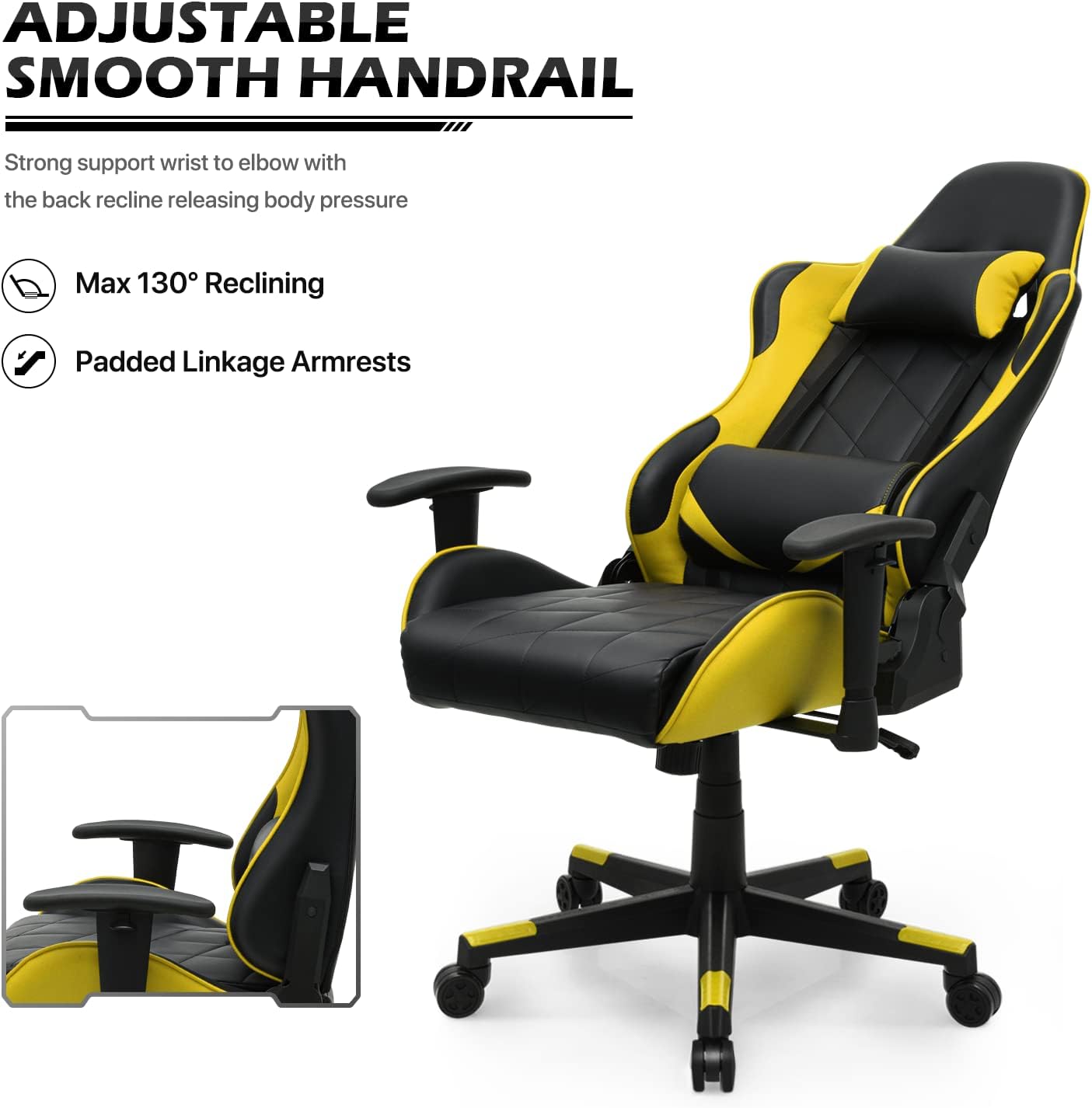 MoNiBloom Gaming Chair Racing Style High-Back Reclining Ergonomic Swivel Chair with Adjustable Headrest and Lumbar Support, PU Leather Executive Chair for Home Office Gaming, Yellow