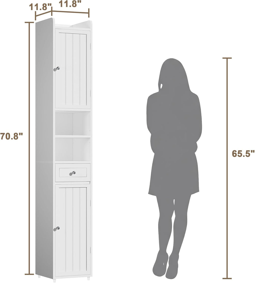 ChooChoo Bathroom Storage Cabinet with Adjustable Shelves, Tall Storage Cabinet with 2 Doors and 1 Drawer, Freestanding Cupboard for Small Spaces, White, 11.8 Inches Wide