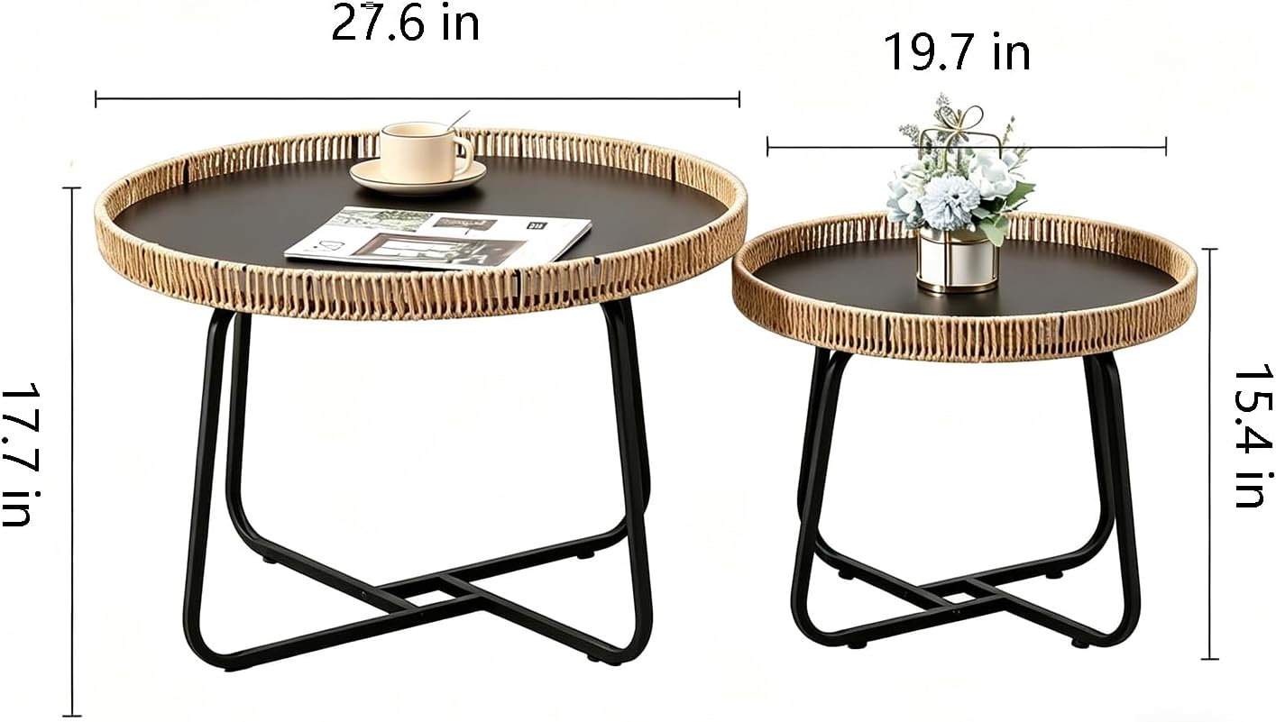 Small Round Nesting Coffee Table Set of 2, Woven Nesting Side Tables with Metal Frame, Modern Circle End Tables for Living Room Bedroom Office Balcony Outdoor