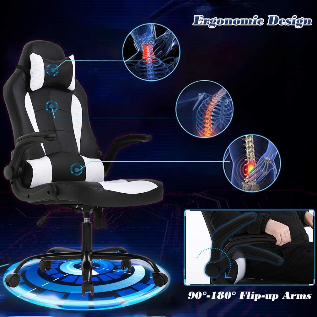 Massage Gaming Chair Office Chair Ergonomic PU Leather Desk Chair with Lumbar Support, Headrest, Flip-Up Armrests, and Swivel Rolling Base, Ideal for Women Adults, White