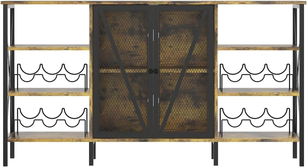 Farmhouse Wine Bar Cabinet with Led Light, Industry Coffee Bar with Wine Rack and Glass Holder, Metal Sideboard and Liquor Cabinet with Mesh Door for Living Room, 55.12"x13.78"x30.31", Rustic Brown