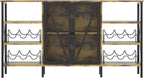 Farmhouse Wine Bar Cabinet with Led Light, Industry Coffee Bar with Wine Rack and Glass Holder, Metal Sideboard and Liquor Cabinet with Mesh Door for Living Room, 55.12"x13.78"x30.31", Rustic Brown