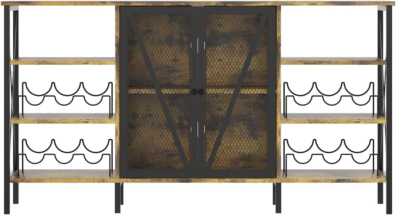 Farmhouse Wine Bar Cabinet with Led Light, Industry Coffee Bar with Wine Rack and Glass Holder, Metal Sideboard and Liquor Cabinet with Mesh Door for Living Room, 55.12"x13.78"x30.31", Rustic Brown