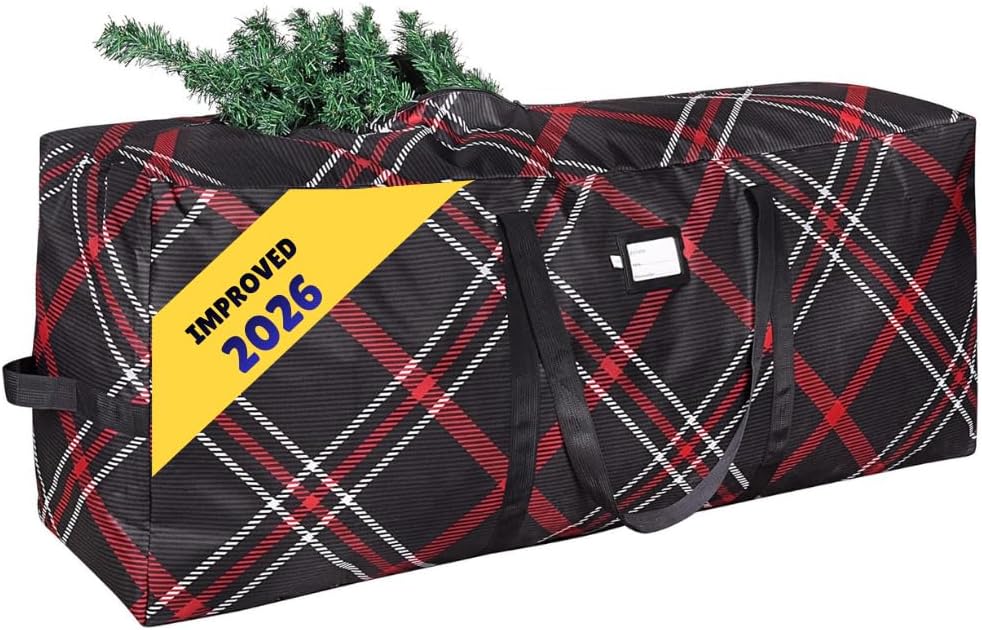 Christmas Heavy Duty Tree Storage Bag | Fits Up to 9 Ft. Tall Disassembled Xmas Tree | 25" X 20" X 65" | Durable 600D Oxford Material | Heavy Duty Holiday Storage Container (Plaid, 9ft)