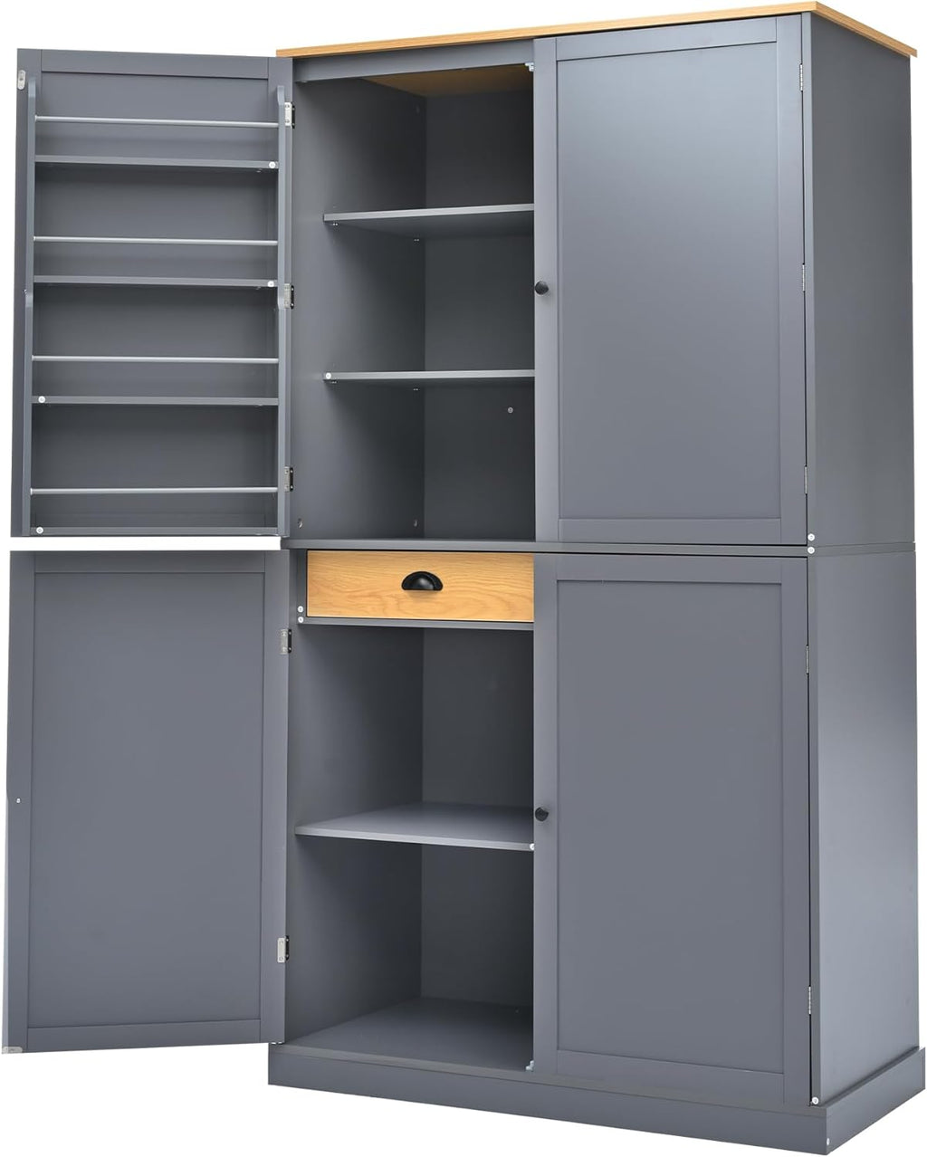 RUNNA High Freestanding Kitchen Pantry with 2 Drawers, 2 Adjustable Shelves, 8 Door Shelves, Large Cupboard Storage Cabinet for Dining Room (Gray#Large)