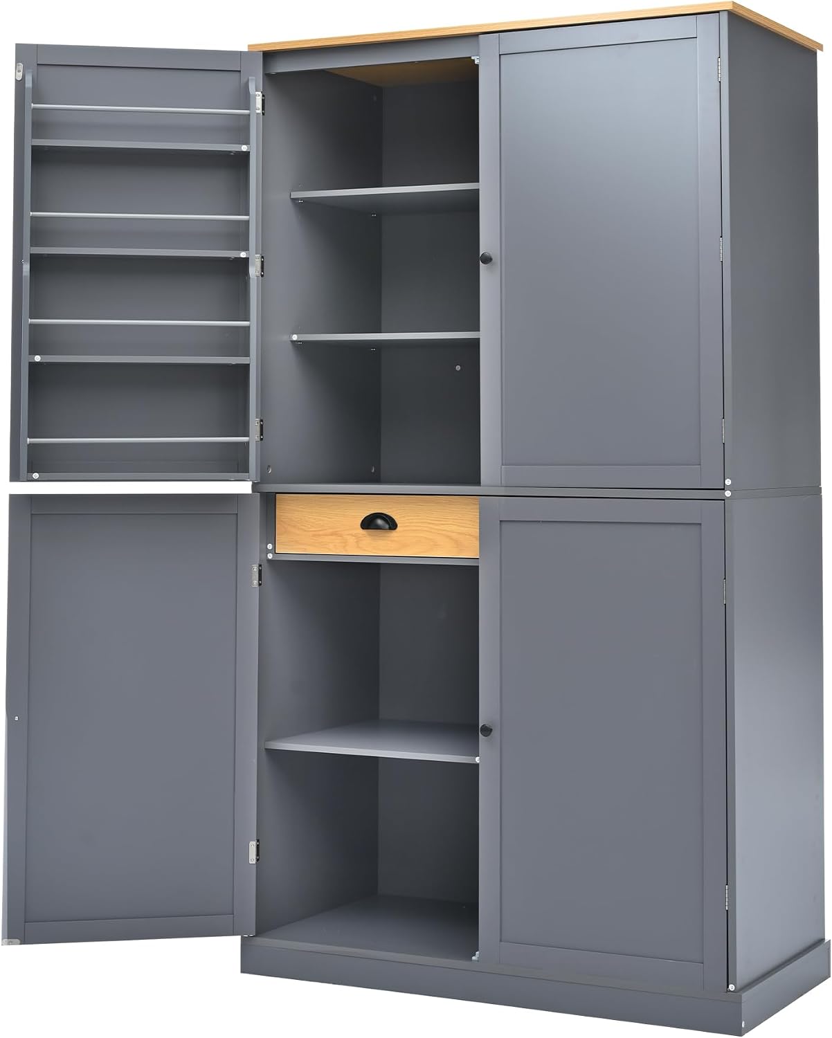 71.3'' Tall Kitchen Pantry Storage Cabinet Farmhouse Pantry Cabinet Freestanding Large Cupboard with 2 Drawers, 2 Adjustable Shelves, 8 Door Shelves for Kitchen, Dining Room (Grey)