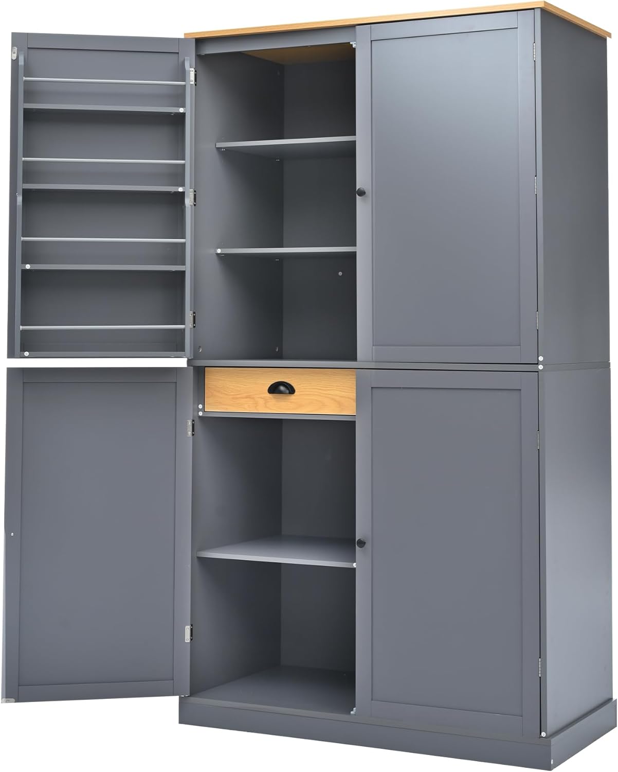 Kitchen Pantry Cabinet with Storage Drawers and 2 Adjustable Shelves, Freestanding Tall Cabinet with 8 Door Shelves, High Freestanding Kitchen Pantry, Gray
