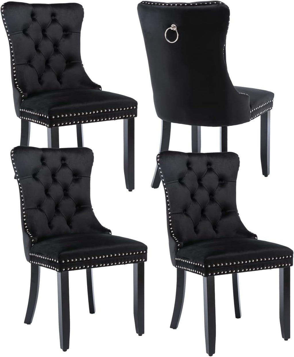 Black Velvet Dining Chairs Set of 4, Modern Upholstered Kitchen Chairs | Solid wood legs;wing back; ring pull; nailhead trim; easy assembly; upholstered dining room chairs for dining table