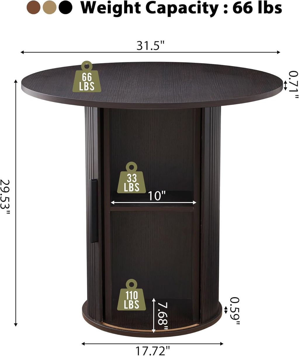 31.5" Round Dining Table for 2-4, Modern Kitchen Table with 2-Tier Storage Shelf, Small Wooden Circle Dining Tables with Fluted Base for Home Dining Room Living Room (Blackened Brown)