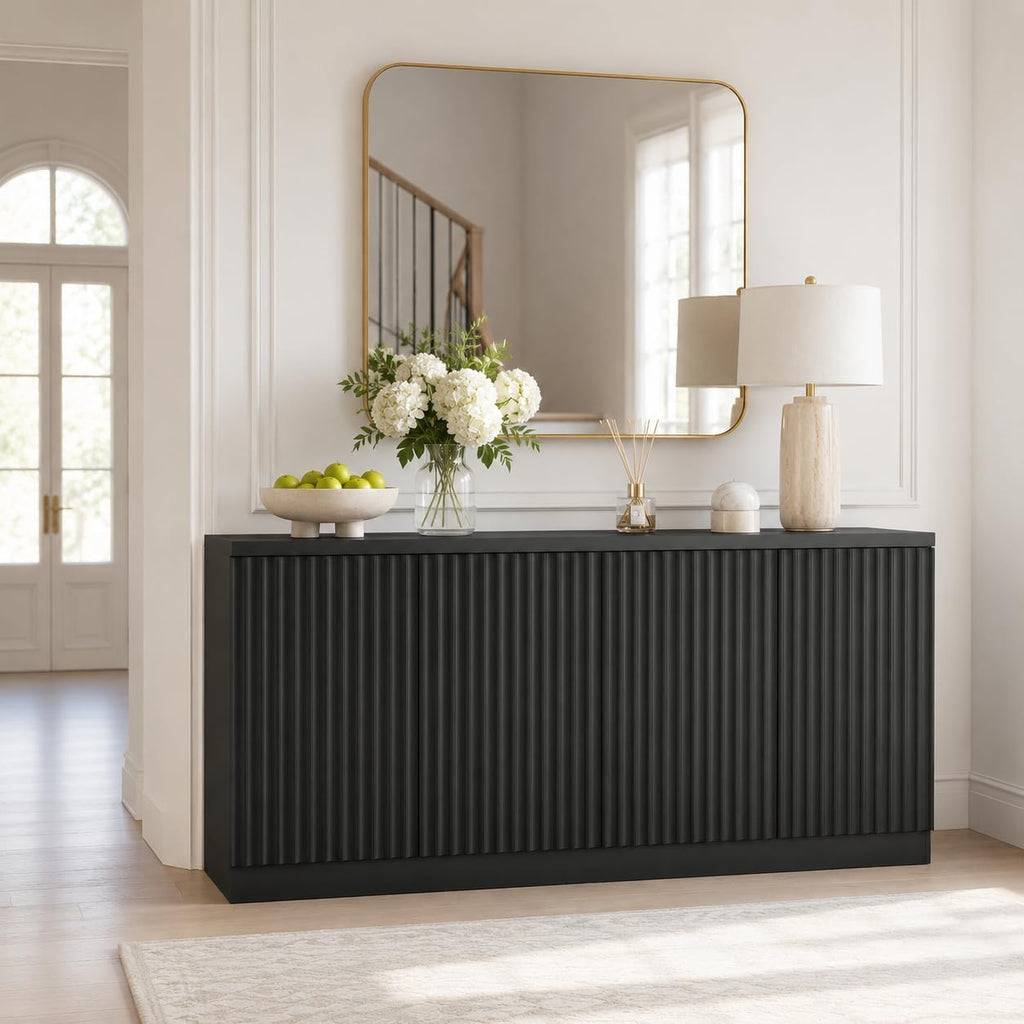 Fluted Sideboard Buffet Cabinet, 63" Credenza Storage Cabinet with 4/6 Doors,Media Console Table for Living Room Kitchen Entryway,Anti-Tip (Black)