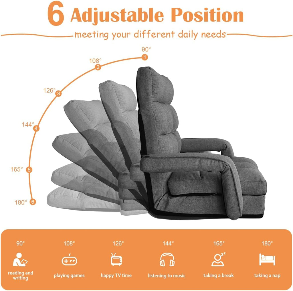 Floor Gaming Chair, 6 Position Adjustable Indoor Chaise Lounge Chair for Teens Adults, Padded Folding Meditation Sofa Chair with Armrests and Pillow Comfy Chair for Teens, Adults, Pets - Black