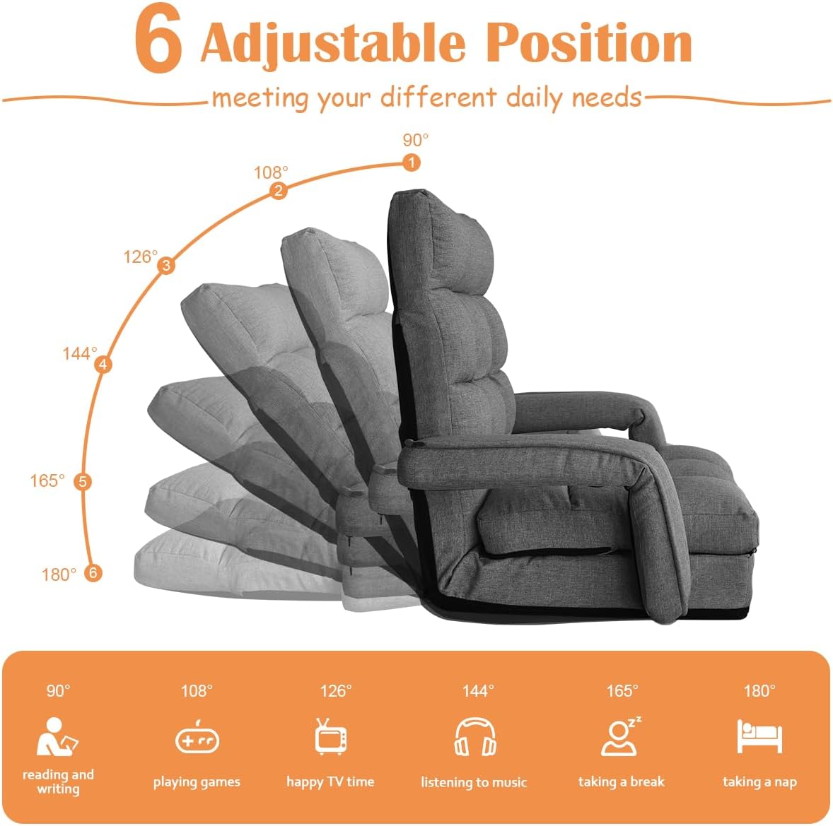 Floor Gaming Chair, 6 Position Adjustable Indoor Chaise Lounge Chair for Teens Adults, Padded Folding Meditation Sofa Chair with Armrests and Pillow Comfy Chair for Teens, Adults, Pets - Black