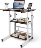Portable Rolling Desk on Wheels with Adjustable Height, Compact Laptop & Small Computer Desk for Bedroom, Home Office with Storage Shelves and Phone Holder (Walnut)